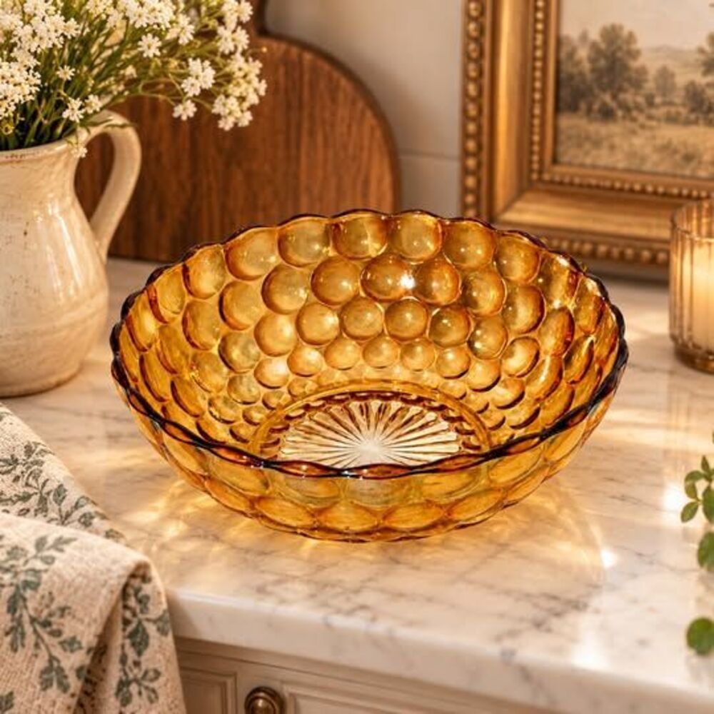 Vintage Amber Glass Hobnail Bowl 7.75 IN